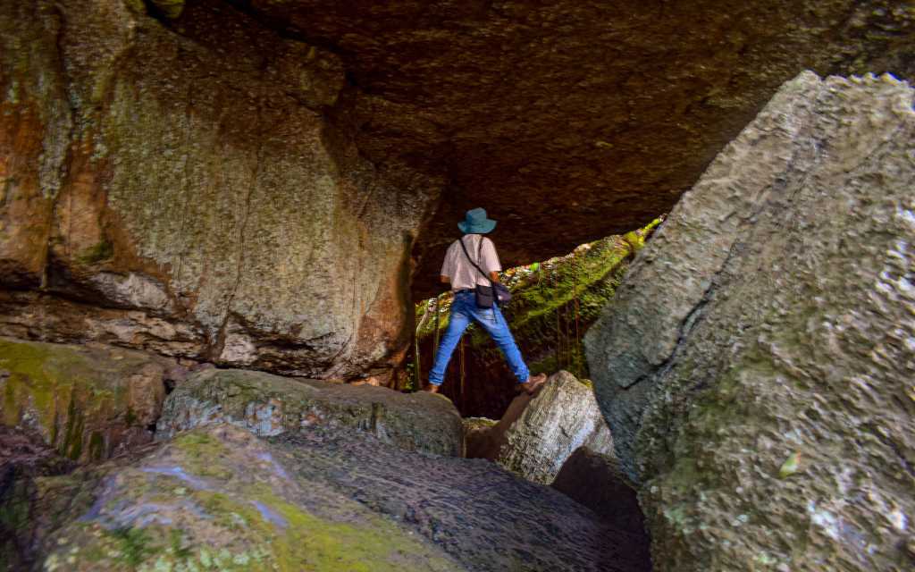 en ciudad de piedra sitio turistico del guaviare persona de espaldas sobre rocas grandes bajo un saliente rocoso, rodeada de vegetación en un entorno natural húmedo
