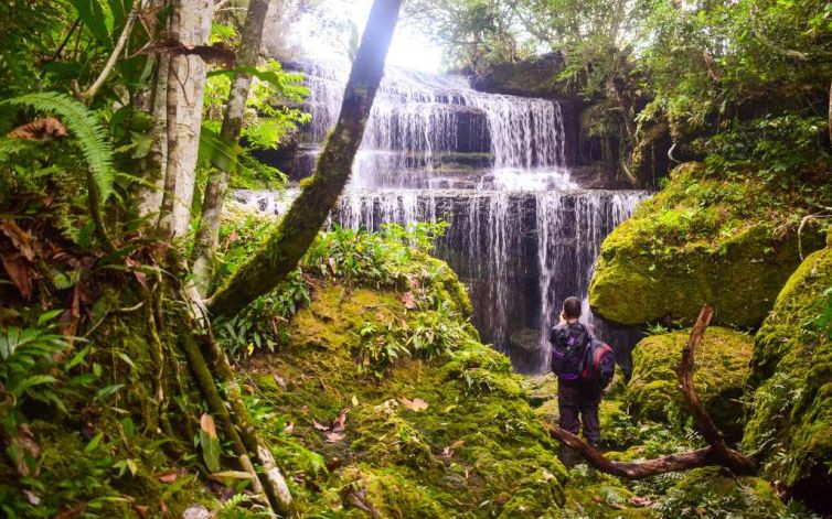hombre en los chorros tomando foto a una hermosa cascada, rodeada de un bosque tupido, dandole un aire refrescante y agreste, turismo guaviare