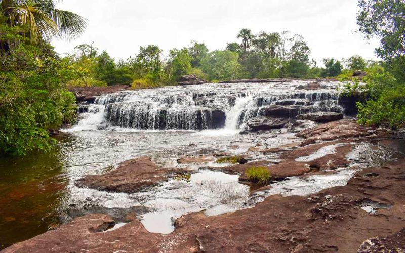 en los tuneles naturales del guaviare vemos una hermosa cascada en un entorno natural exuberante. El agua fluye suavemente sobre varias capas de rocas planas, creando un efecto de cascada en varias etapas. Alrededor, se puede ver una vegetación verde y vibrante, que incluye árboles y plantas tropicales